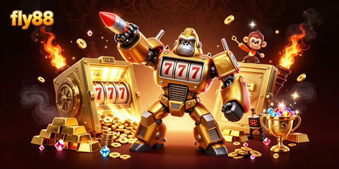Experience thrilling gameplay at fly88 with a golden gorilla mech and dazzling treasure vault.