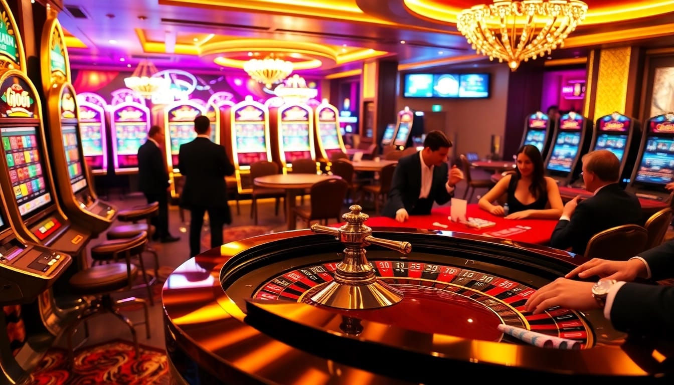 Experience J88’s thrilling casino environment with luxurious tables, vibrant slot machines, and excited players.