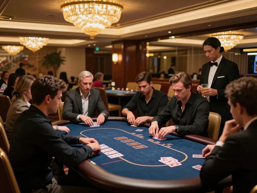 Players engaging in a high-stakes poker game at NK88's luxurious VIP gaming area
