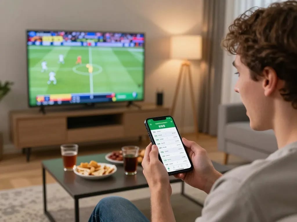 Excitedly placing bets on 789win during live sports in a cozy home setting.