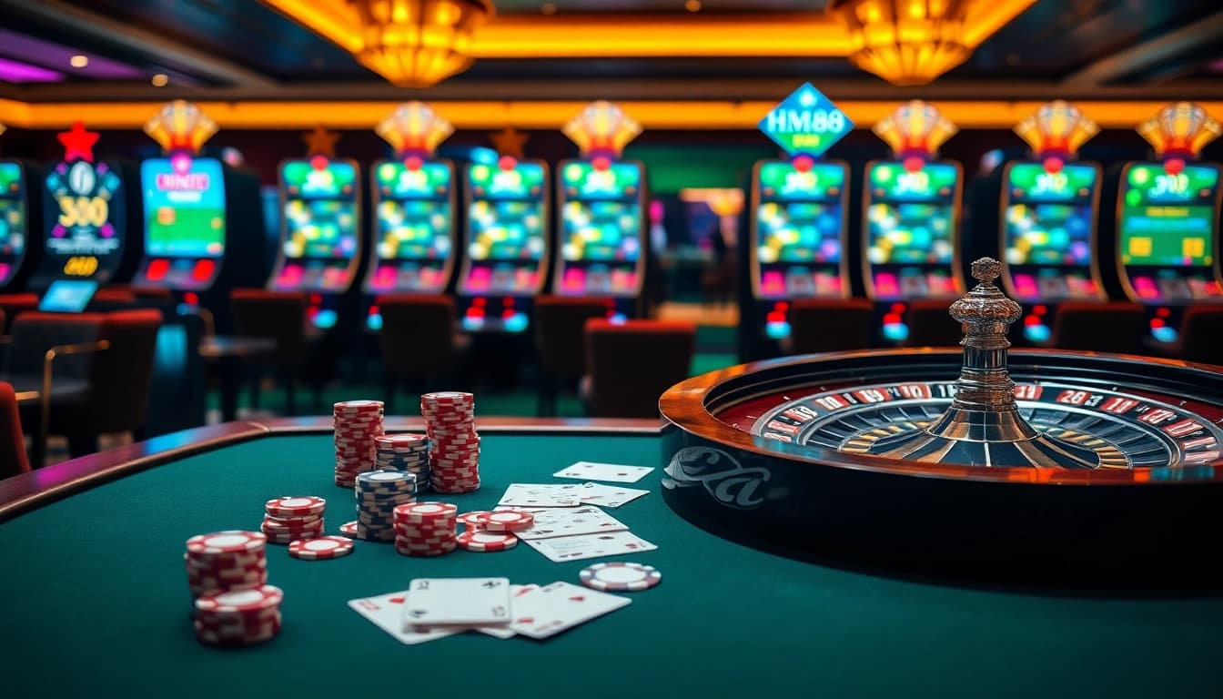 Experience vibrant gaming action at HM88 with poker chips, roulette wheel, and luxury casino ambiance.