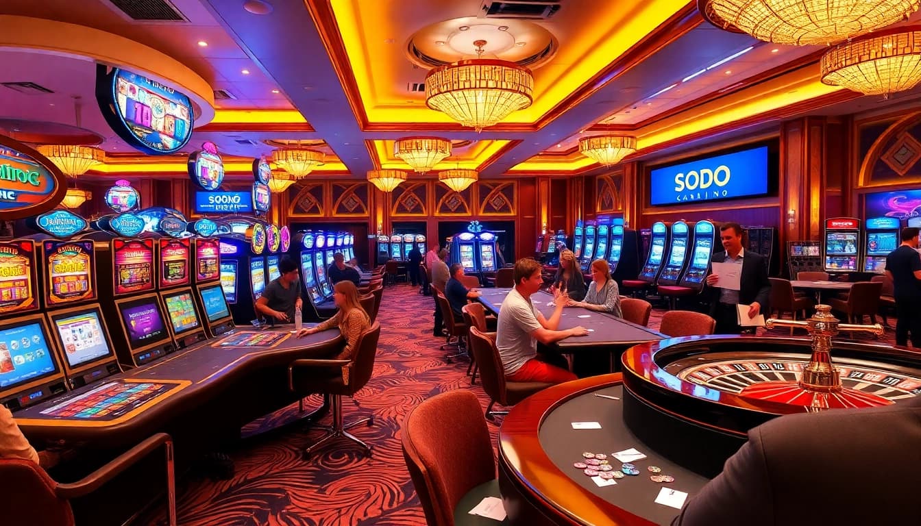 SODO Casino players engaging in high-stakes card games and vibrant slot machines, creating an exhilarating atmosphere.