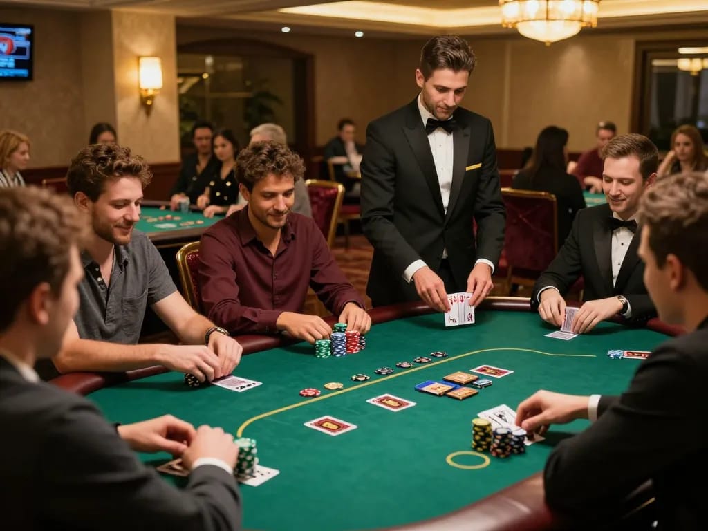 Players engaging in a thrilling poker game in an upscale casino environment featuring S666 strategies.