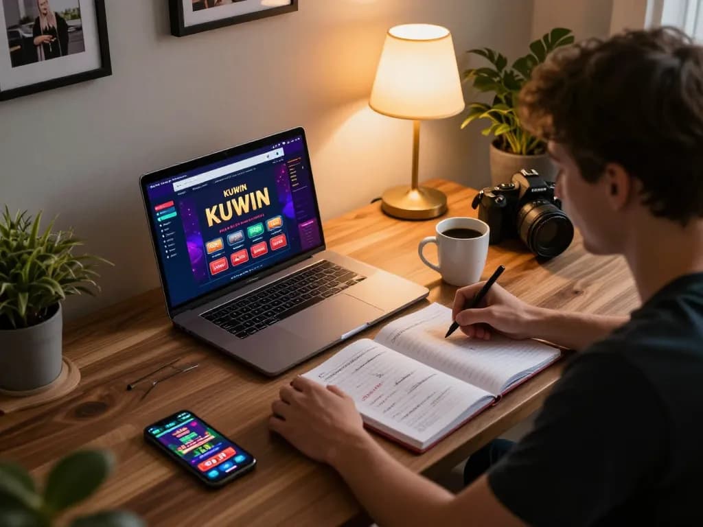 Engaging in online gaming on KUWIN platform with strategic betting notes in a cozy environment.