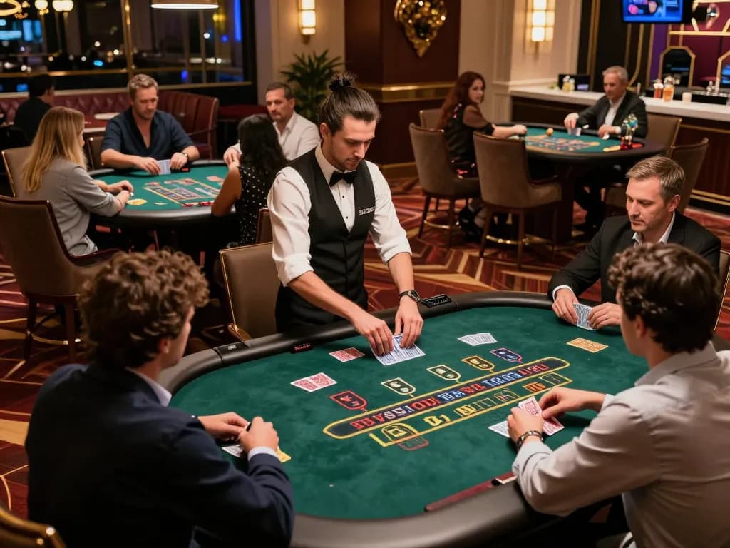 Tg88 players strategizing at blackjack tables in a luxurious casino environment.