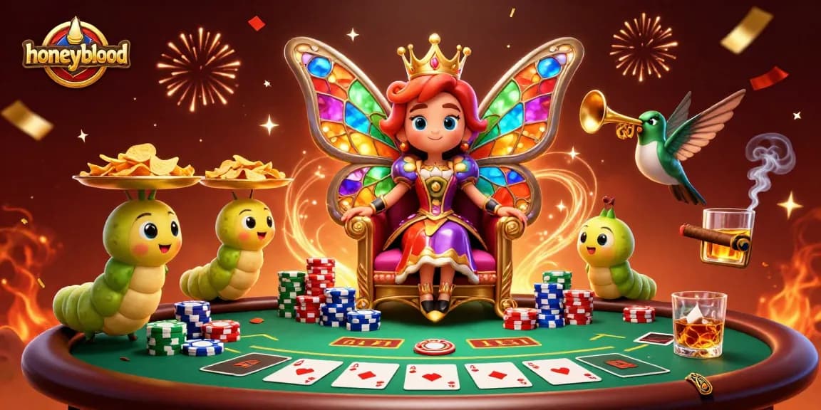 Engaging scene at honeyblood casino with animated characters and poker-themed elements in vibrant detail.