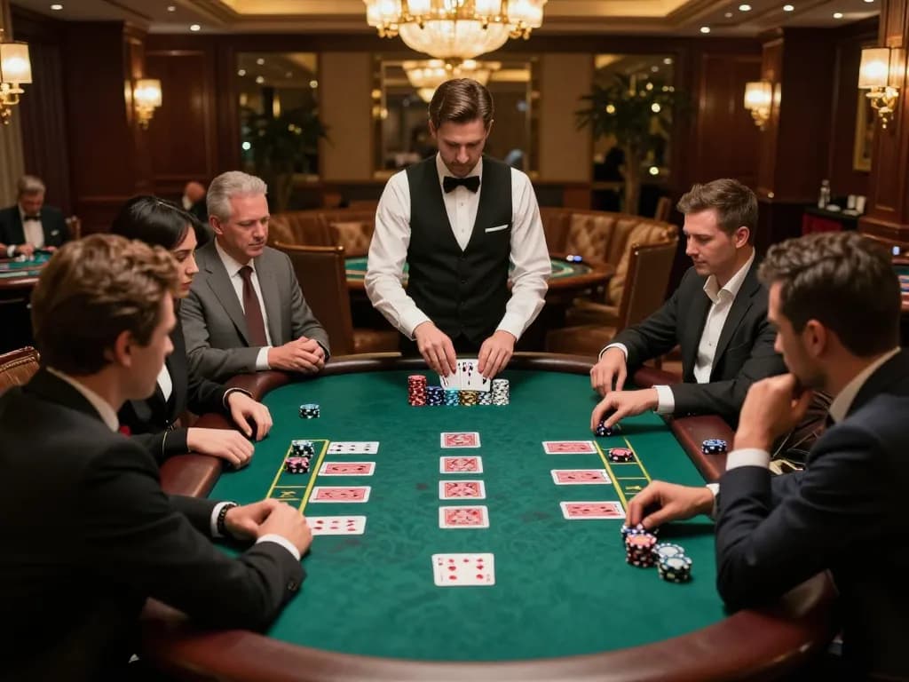 Engage in strategic gameplay at a lively blackjack table as luckywin shuffles cards in luxury.