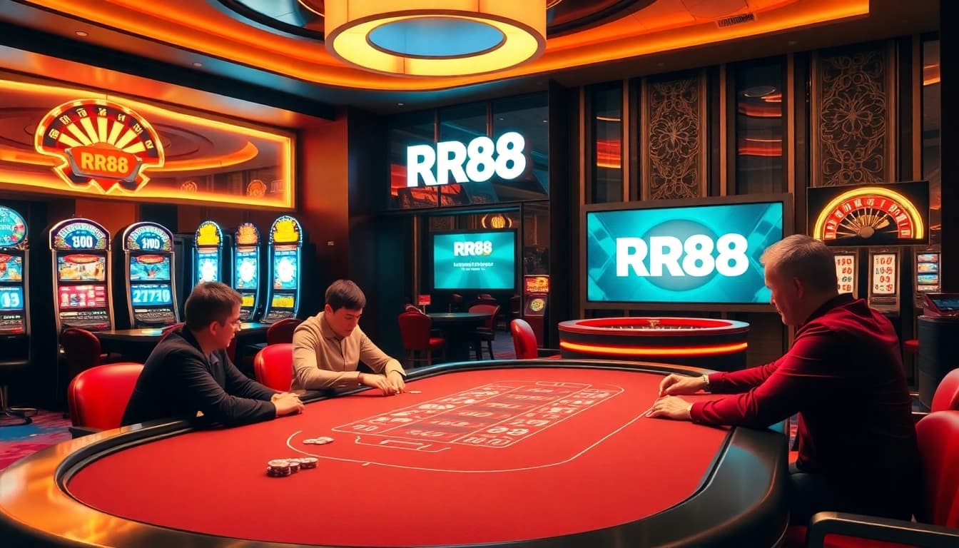RR88 poker players enjoying an upscale casino atmosphere with vibrant slot machines.