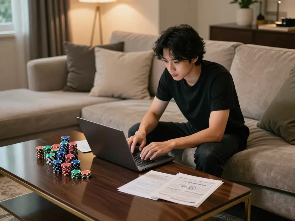 Onbet user enjoying strategic online gaming on laptop in a cozy setting with chips and notes.
