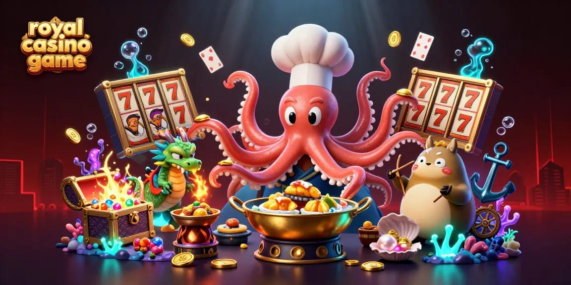 Engage with the royal casino game a vivid illustration showcasing vibrant characters, slot reels, and gold treasures.
