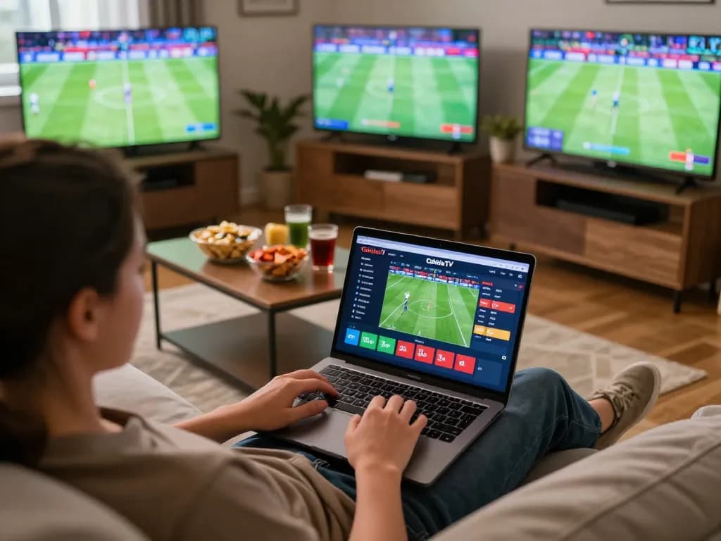 CakhiaTV user engaging in live soccer betting while watching matches on multiple screens.