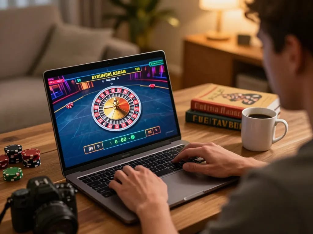 Engaged player enjoying roulette on https://rr88.wales/ with cozy home setup, highlighting live dealer excitement.