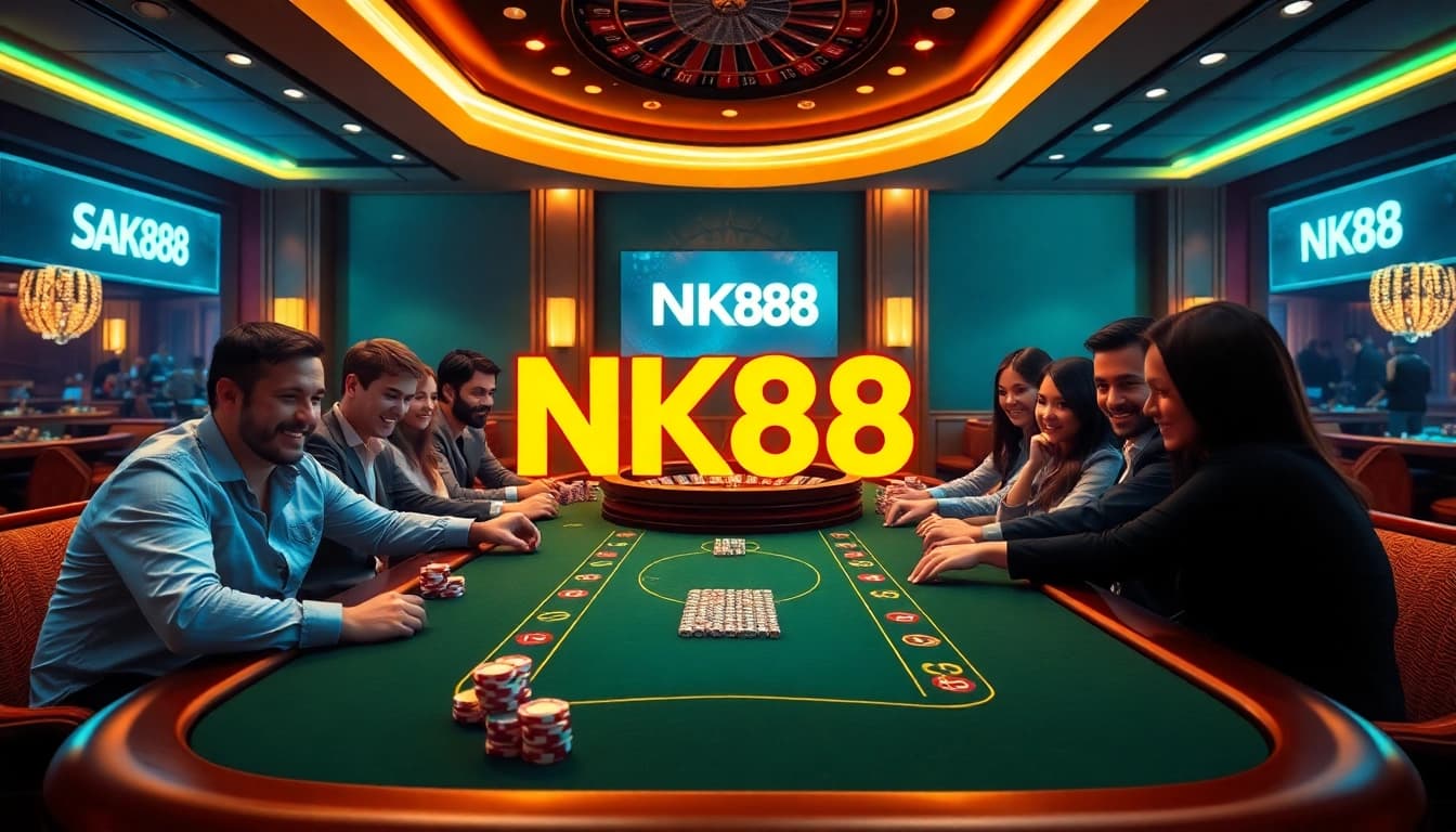 Players engage at an NK88 poker table, showcasing excitement in a luxurious casino setting.
