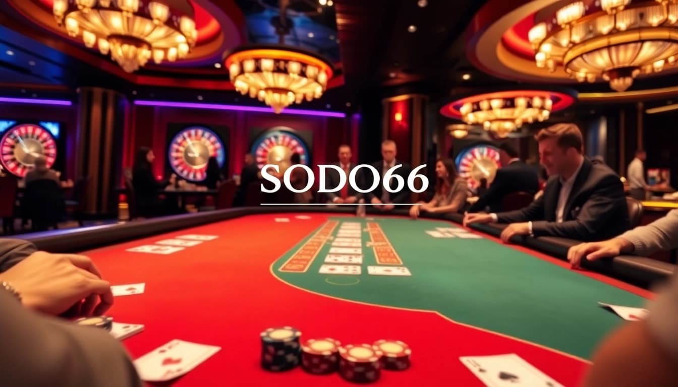 Experience the thrill of SODO66 at a luxurious casino poker table with vibrant cards and chips.
