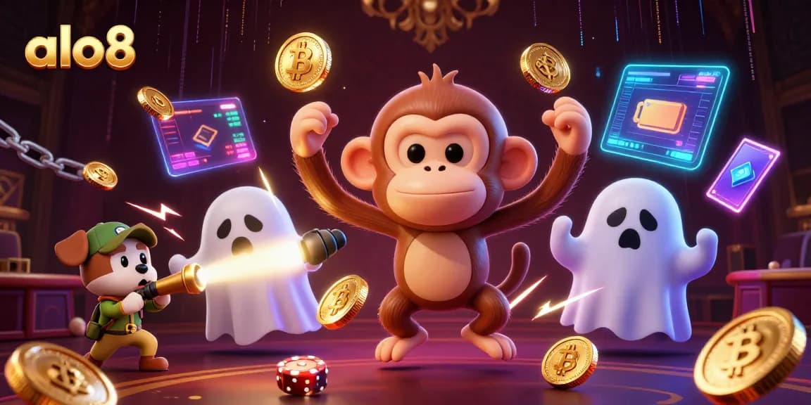 Play exciting games at alo8, featuring golden coins and energetic characters in a haunted casino atmosphere.
