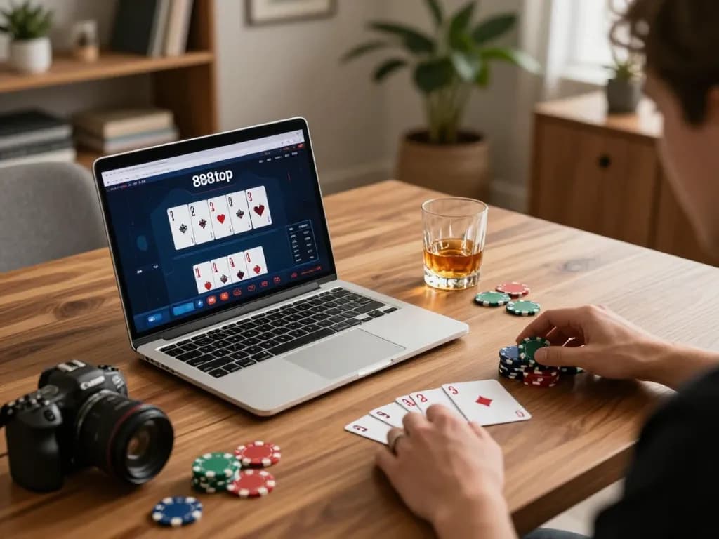 Player engaging in poker strategy at 888top online casino with cards and chips displayed