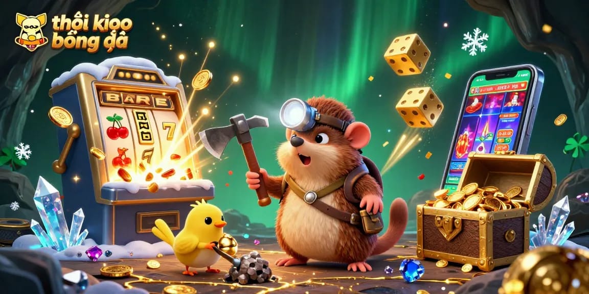 Bet on tỷ lệ kèo bóng đá with our vibrant casino-themed illustration featuring a treasure mole and 3D elements.