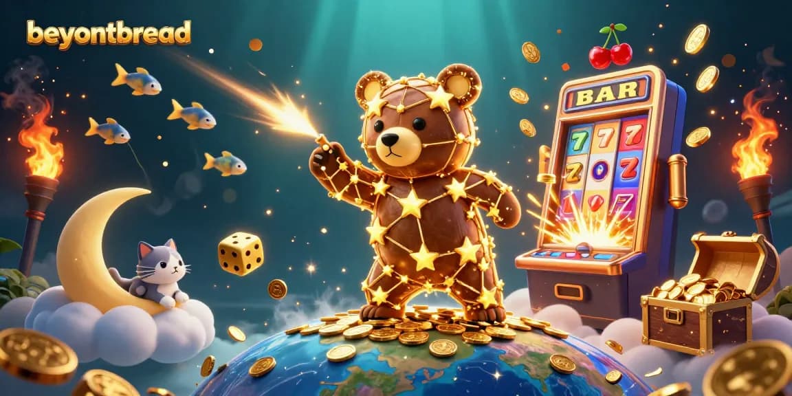 beyondbread showcases a vivid casino scene featuring a golden constellation bear gathering coins, surrounded by dynamic slot machine elements and shooting star fish.