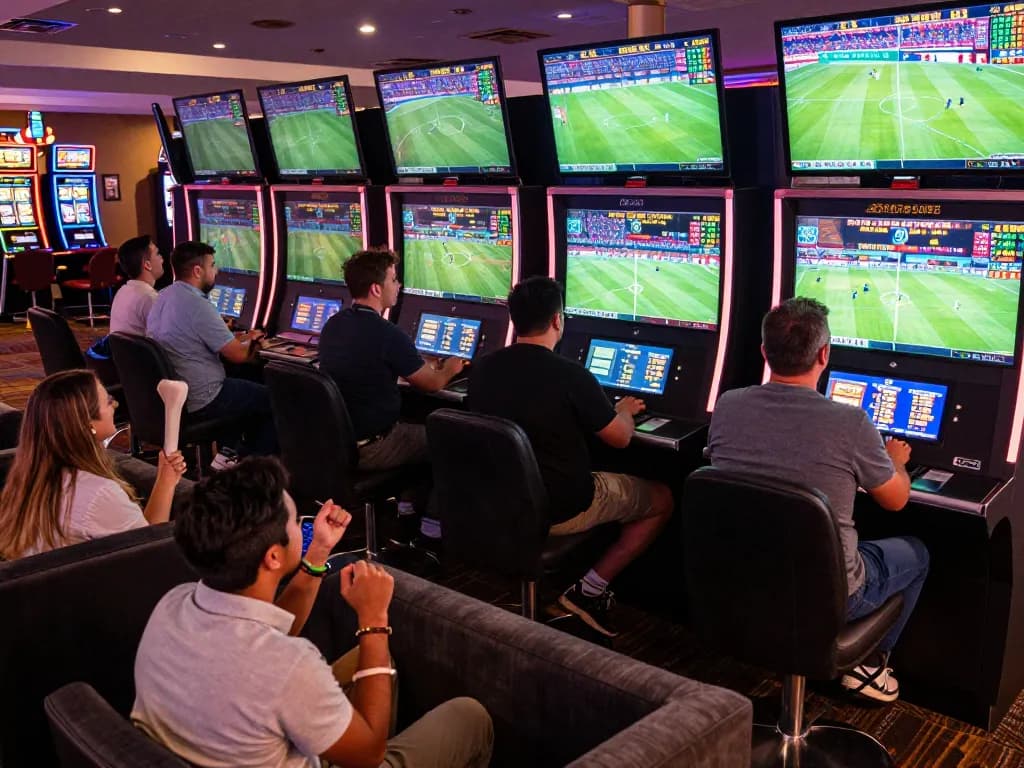 Sports betting excitement at a casino as bettors place wagers on ฟุตบอล matches amidst vibrant screens