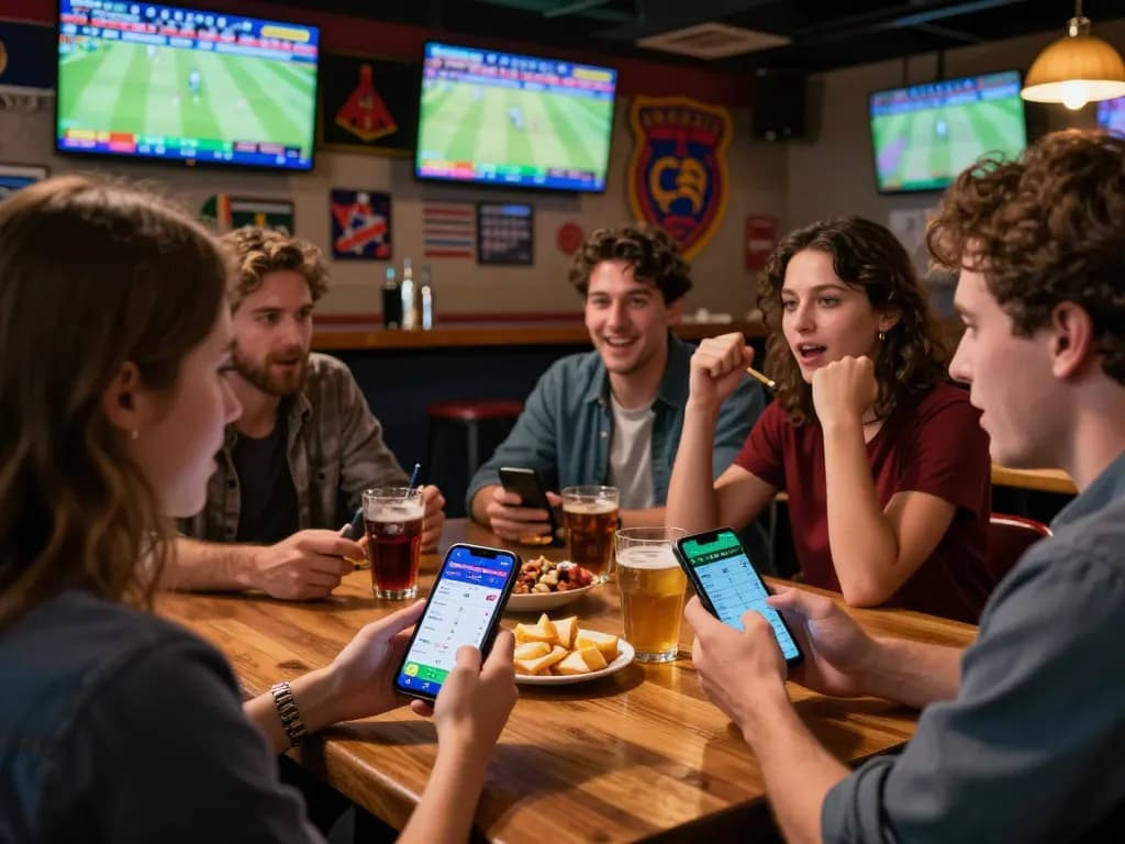 Sports betting excitement with friends placing bets on mobile devices and watching live game action, featuring ty le keo nha cai prominently.