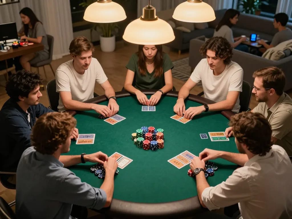 In a heated poker game night, players enjoy their winning strategies with GMNC-themed excitement.