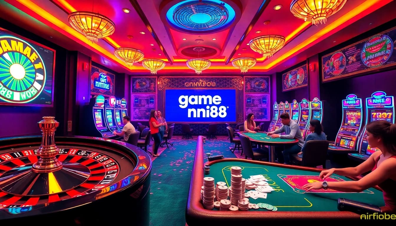 Experience the thrill of game nn88 at a luxurious casino, showcasing an exciting roulette wheel and poker action.