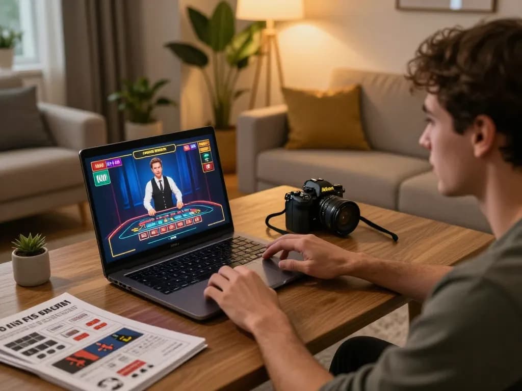 Engaging with a live dealer game on 78win in a stylish home gaming setup.