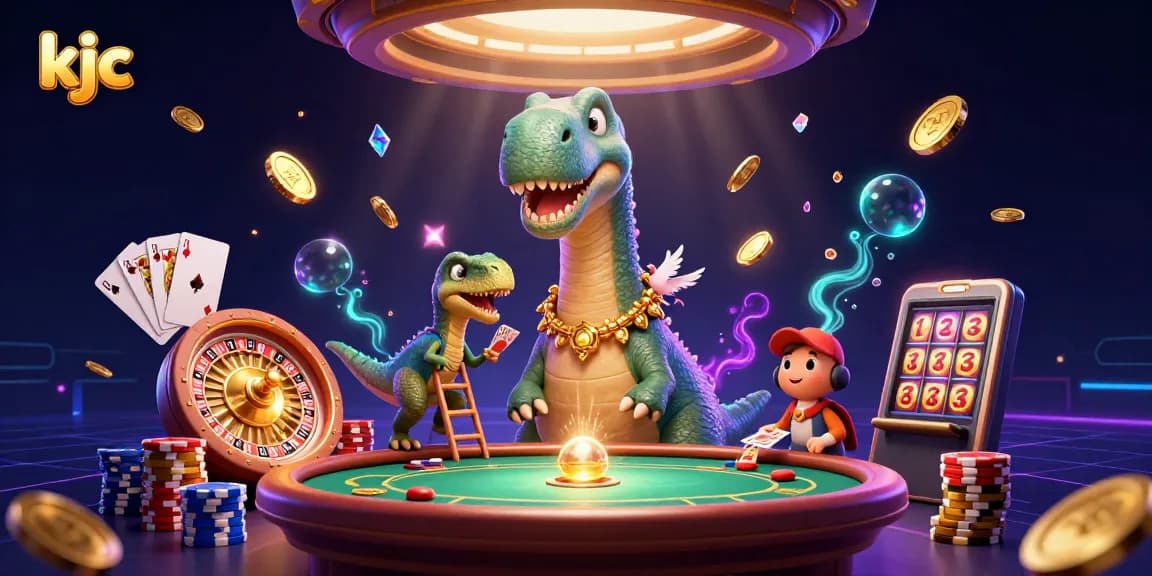 Engage with the thrilling casino scene as kjc's mascot displays a playful interaction among vibrant gaming elements.