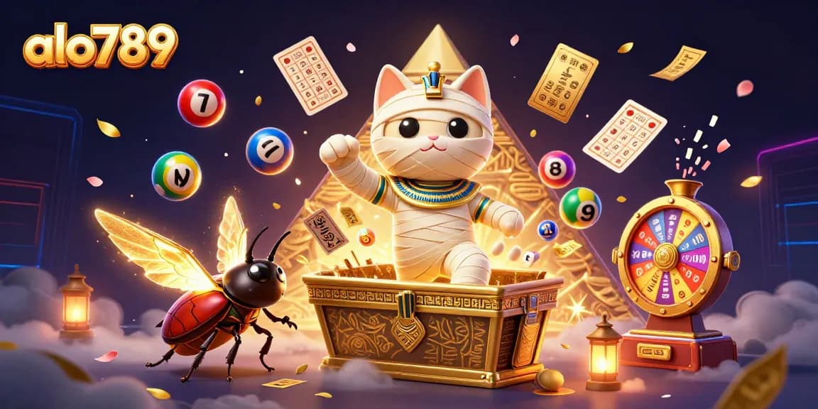 Engage with alo789's thrilling gaming experience featuring the mummy cat and vibrant casino elements.