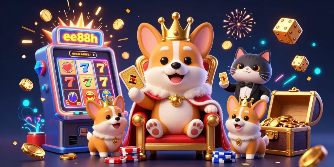 Experience thrilling gameplay at ee88h with a vibrant scene showcasing corgis, slot machines, and casino excitement.