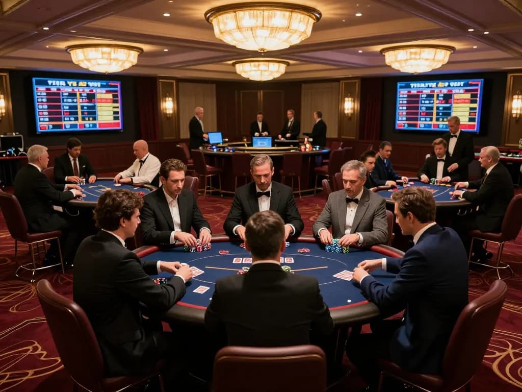 Players enjoying poker at nhà cái hello88's luxurious casino floor, highlighting strategic gameplay.