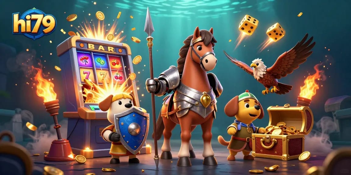 Experience exciting gambling adventures with "hi79" in this vibrant, dynamic casino illustration featuring knights and treasures.