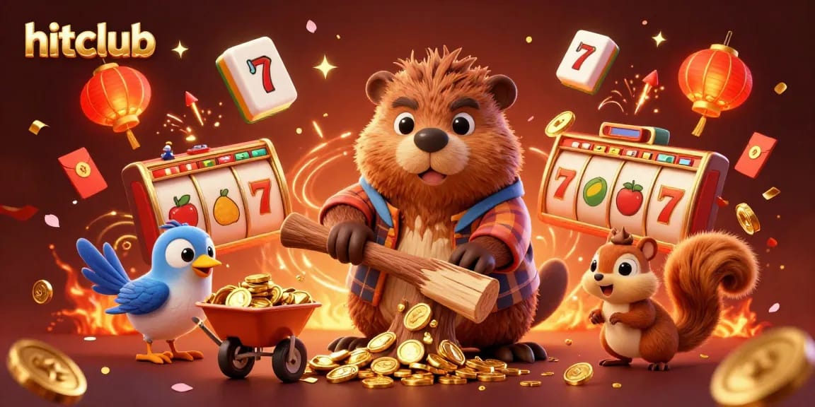 Hitclub's exciting casino world comes alive with a cartoon beaver collecting gold coins amidst vibrant gaming elements.