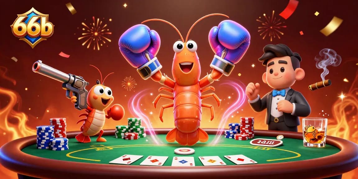 66b showcases a vibrant poker scene with unique ocean characters celebrating a winning hand.