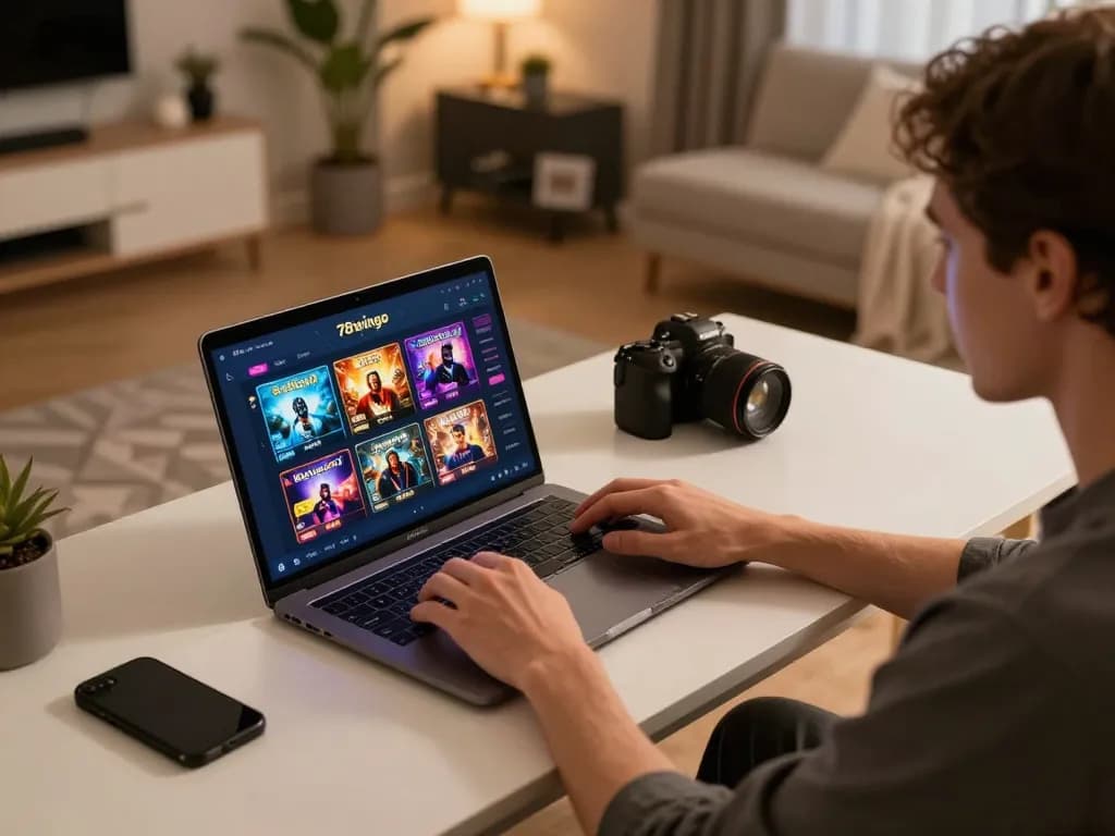 Engaged player exploring 78wingo online casino on laptop in an inviting home setting