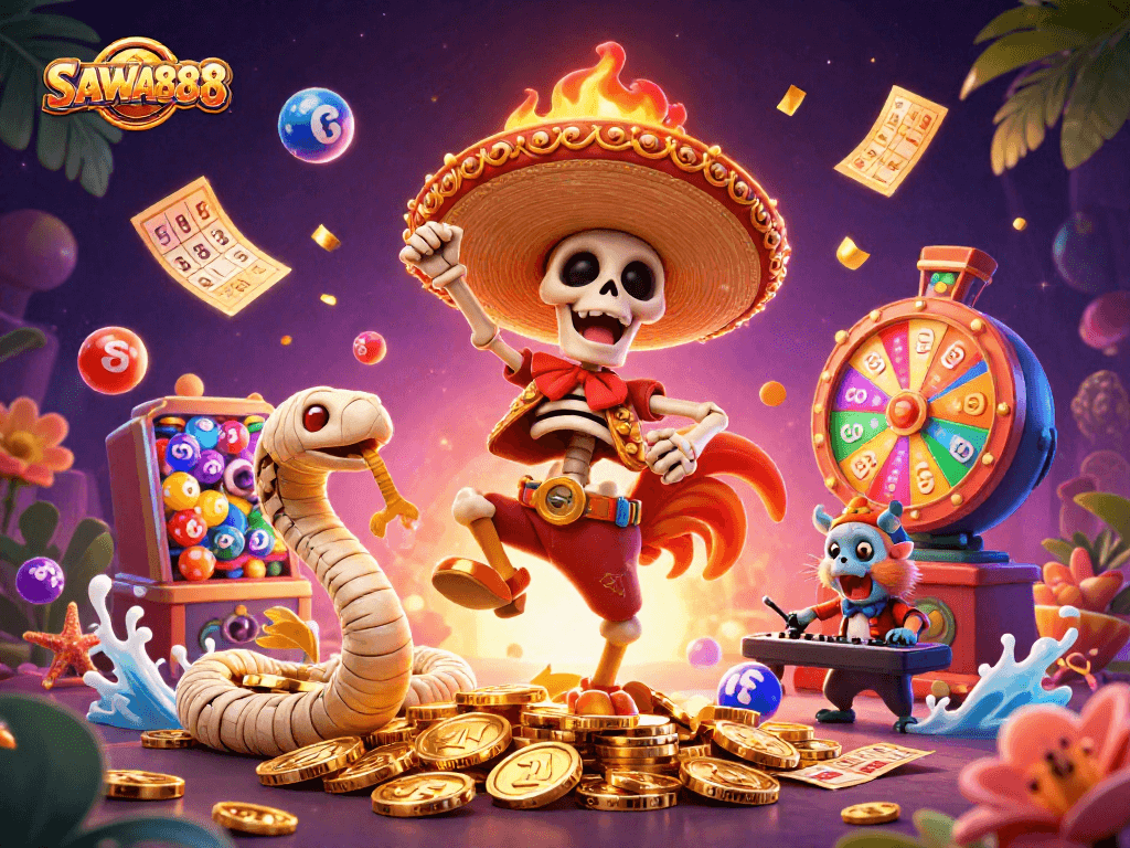 Experience SAWA888's vibrant casino scene with characters celebrating amidst golden coins and colorful lottery elements.