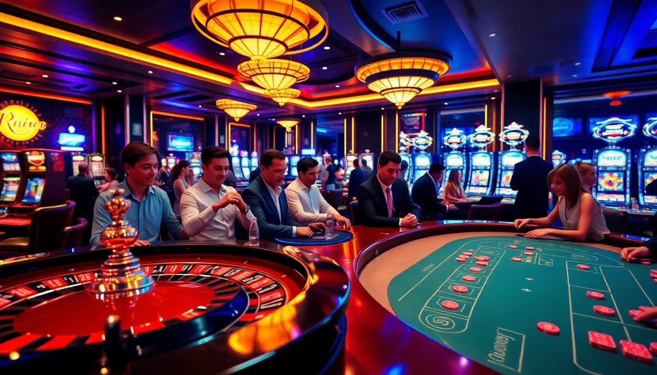 Betting excitement at https://rr9988.net/ showcasing a luxurious casino scene with players at roulette and poker tables.