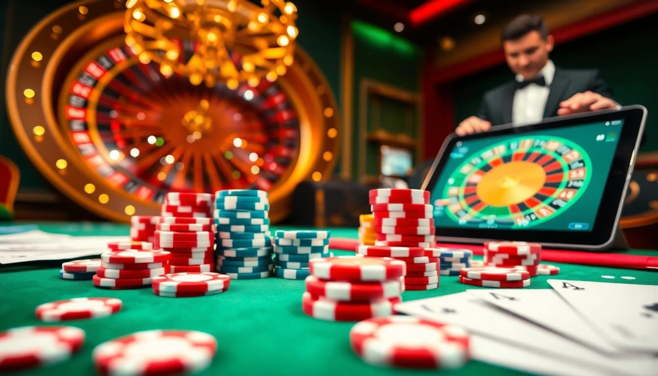 Experience the excitement of betting at fabet3.com with vibrant poker chips and a roulette wheel.