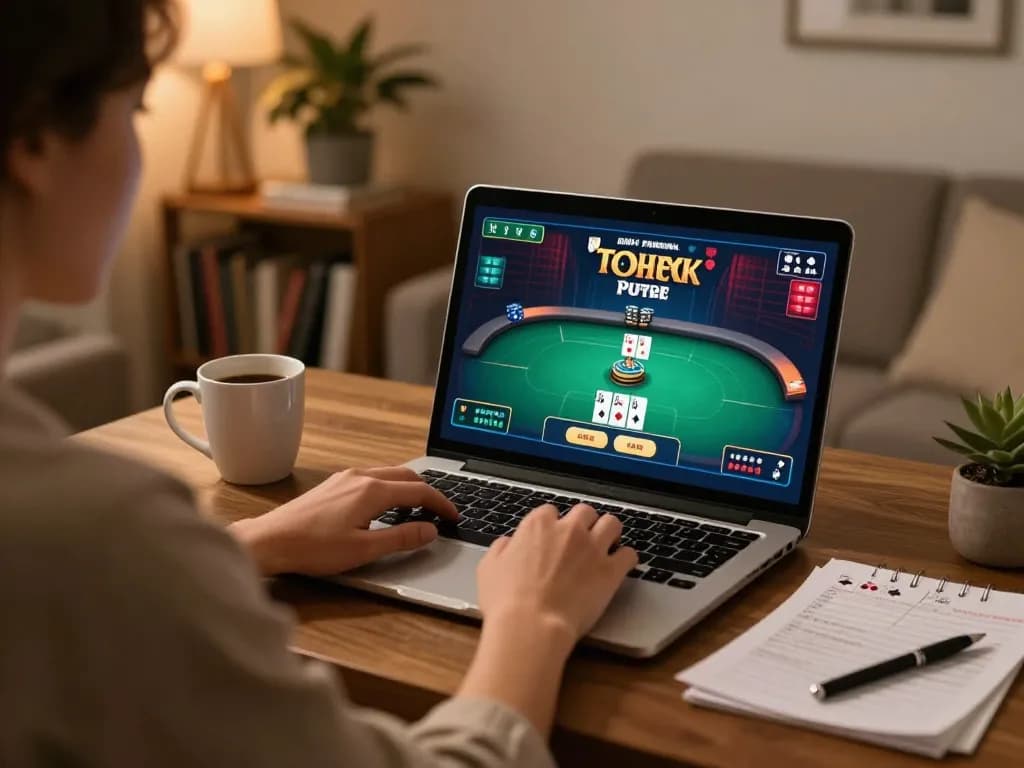 Engaged player on https://v788.biz/ using a laptop for online poker, cozy home setup.