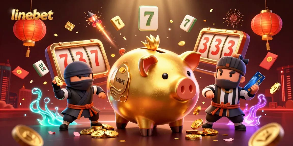 Experience the thrill of linebet as a golden piggy bank sumo wrestler shakes golden coins with slot reels and festive decor.