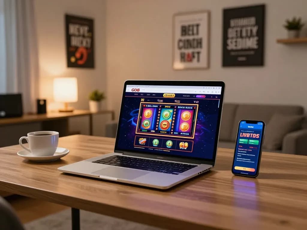 Engaging view of a cozy home office with GO8 online casino displayed on the laptop, showcasing vibrant gameplay.