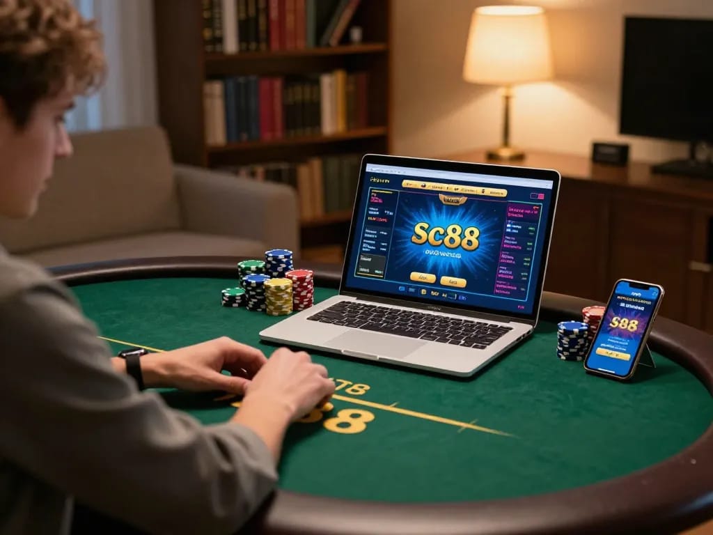 Player engaged in sc88 poker game on laptop with chips and smartphone in cozy atmosphere