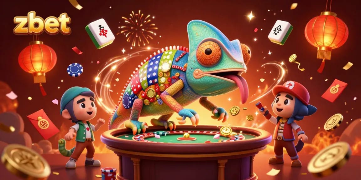 Enjoy zbet's vibrant casino scene featuring a colorful chameleon owner among gaming elements.