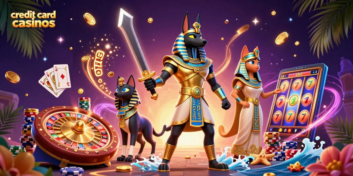 Exciting gaming action at credit card casinos featuring Anubis and Bastet amidst golden coins and roulette wheel.