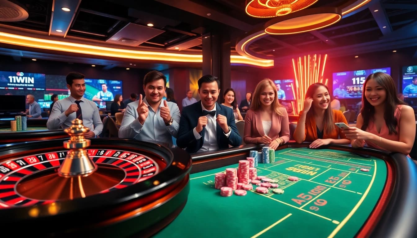 Experience the thrill of 11WIN with colorful poker chips on a casino table.