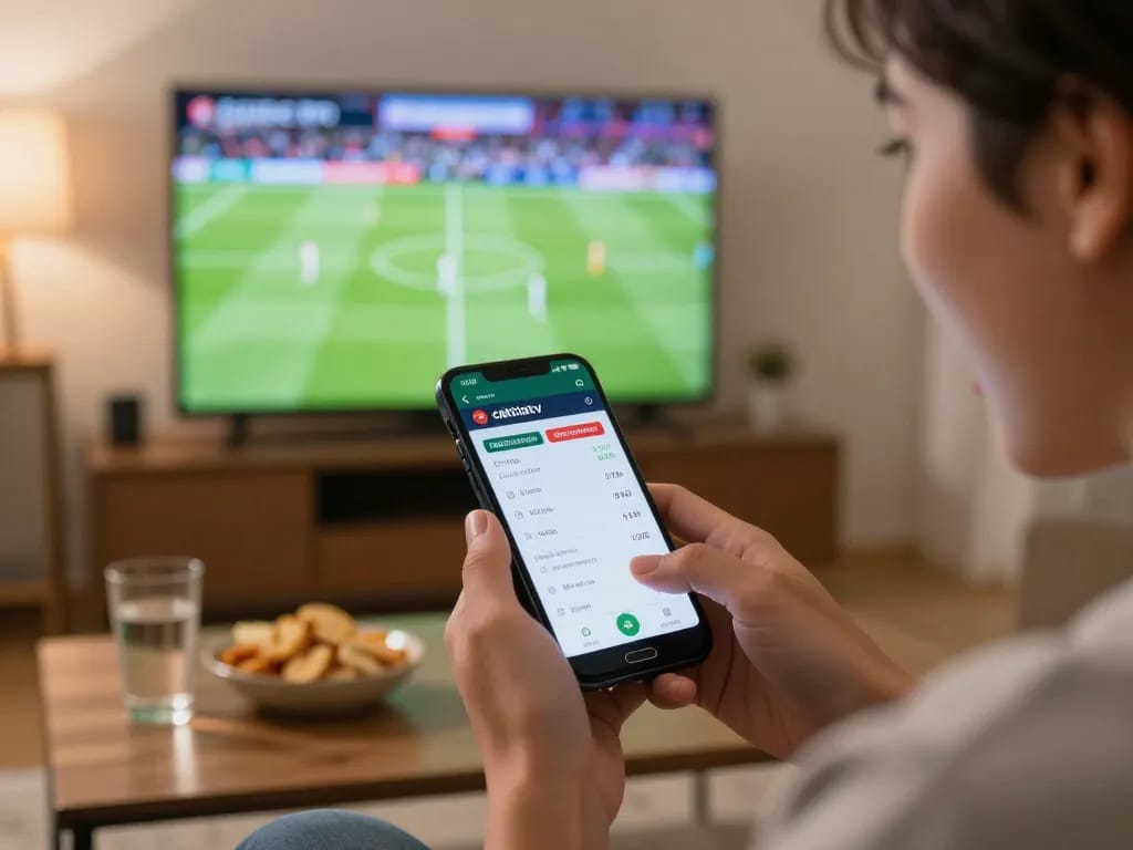 Engaging user interacting with the cakhiatv app while betting live on soccer events.