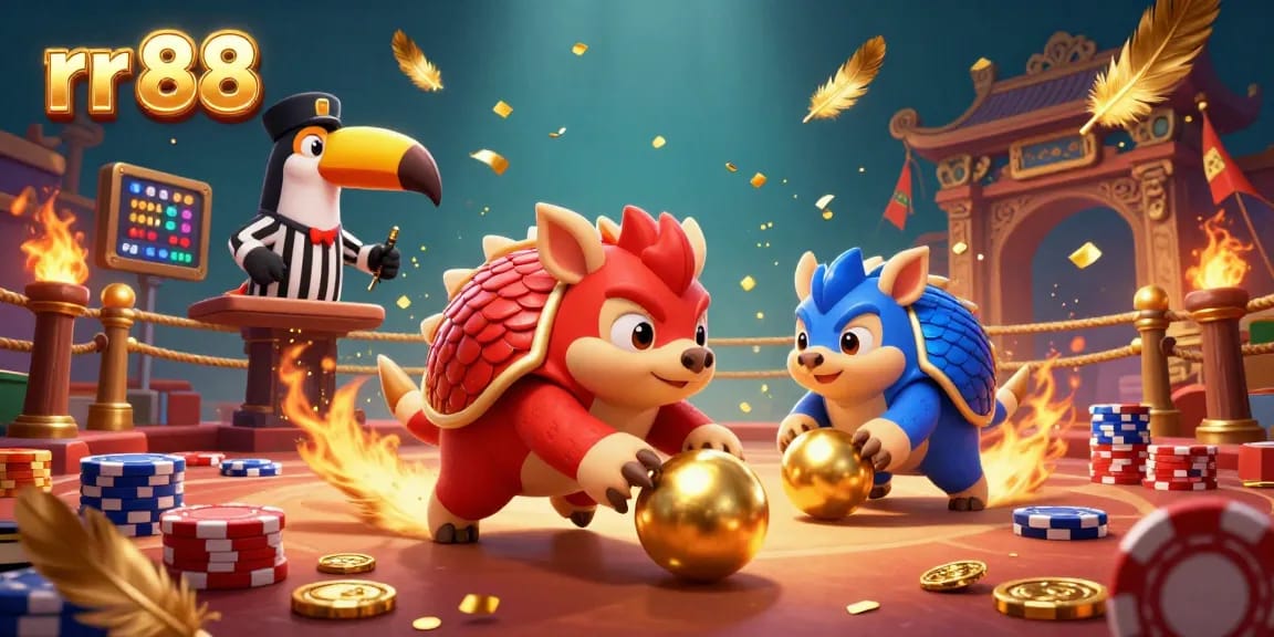 Engaging scene showcasing rr 88 with rival pangolins bowling poker chips in a lively casino setting.