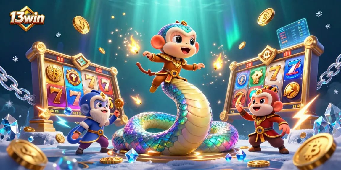 Engage in thrilling gaming with 13win as a rainbow serpent and monkey king animate around exciting slot game elements.