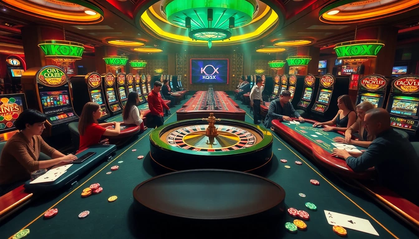 KQXS excitement as players strategize at poker tables in a lively casino atmosphere.