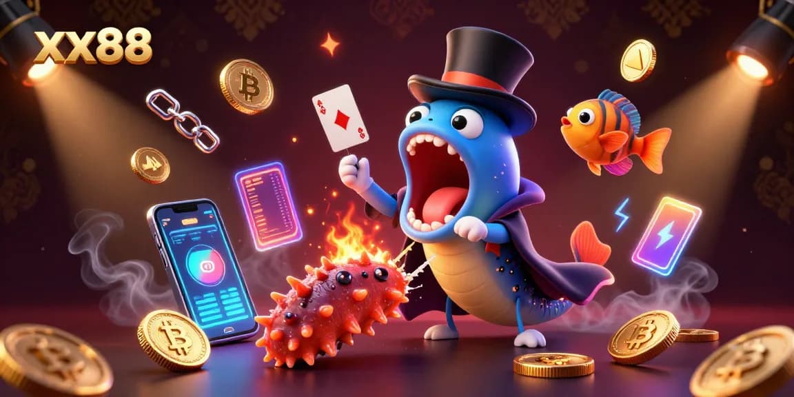 Engage with xx88's vibrant casino magic as characters perform card tricks amidst animated crypto elements.